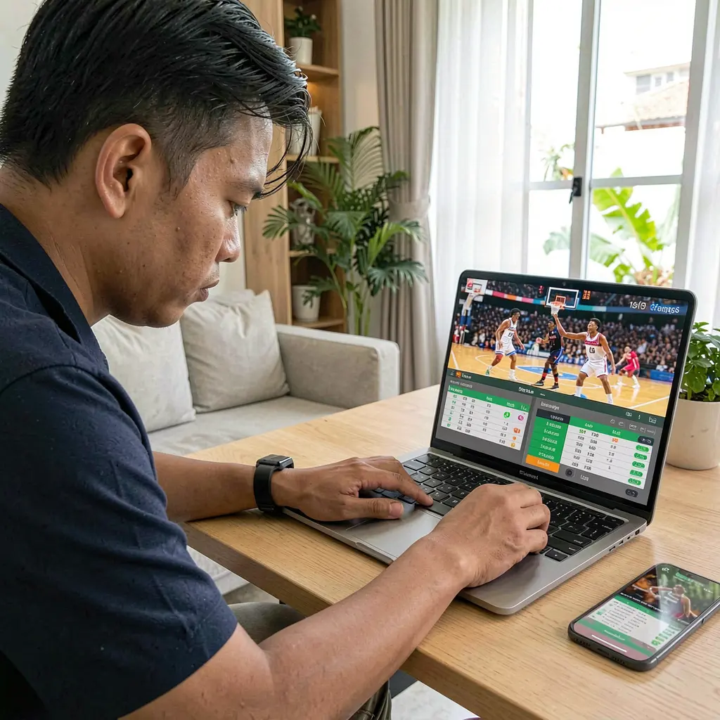 Passionate Filipino sports bettor analyzing live basketball odds and statistics on a laptop at home using the 5N5N betting platform