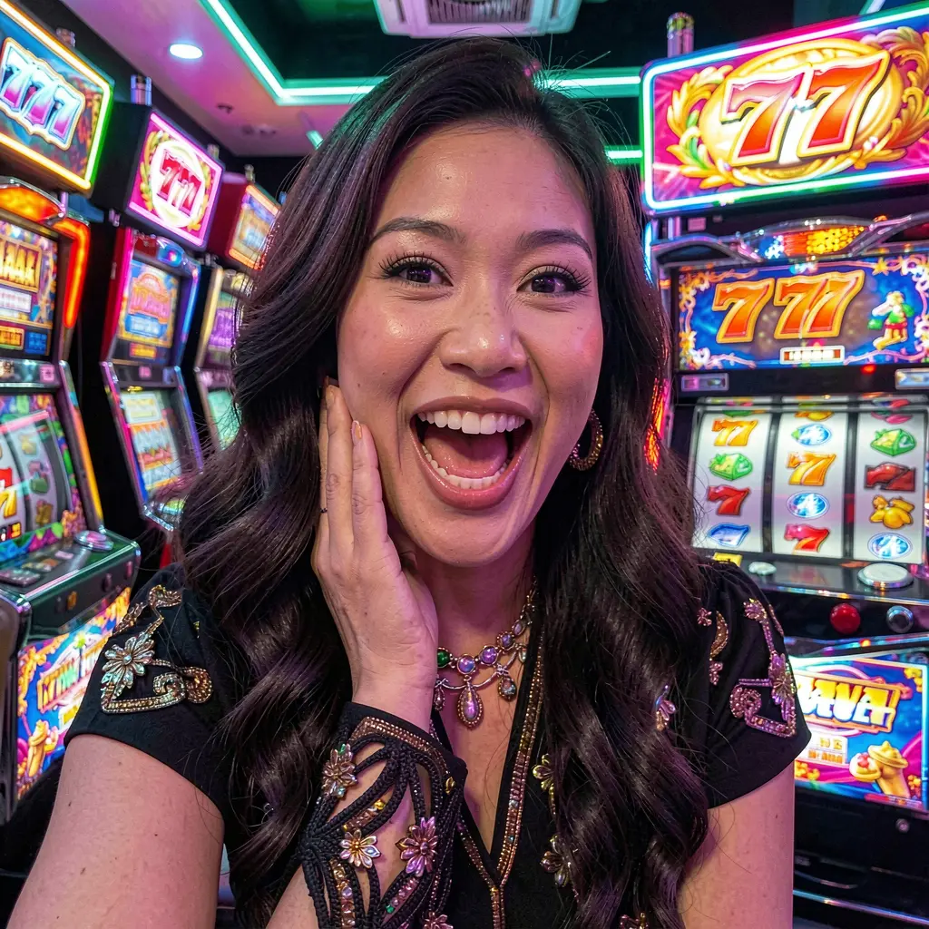 5N5N – Experience the thrill of winning slots in the Philippines A joyful casino player celebrating a win with glowing 777 symbols on the slot screen creating a thrilling gaming mood at 5N5N online casino for the Philippines
